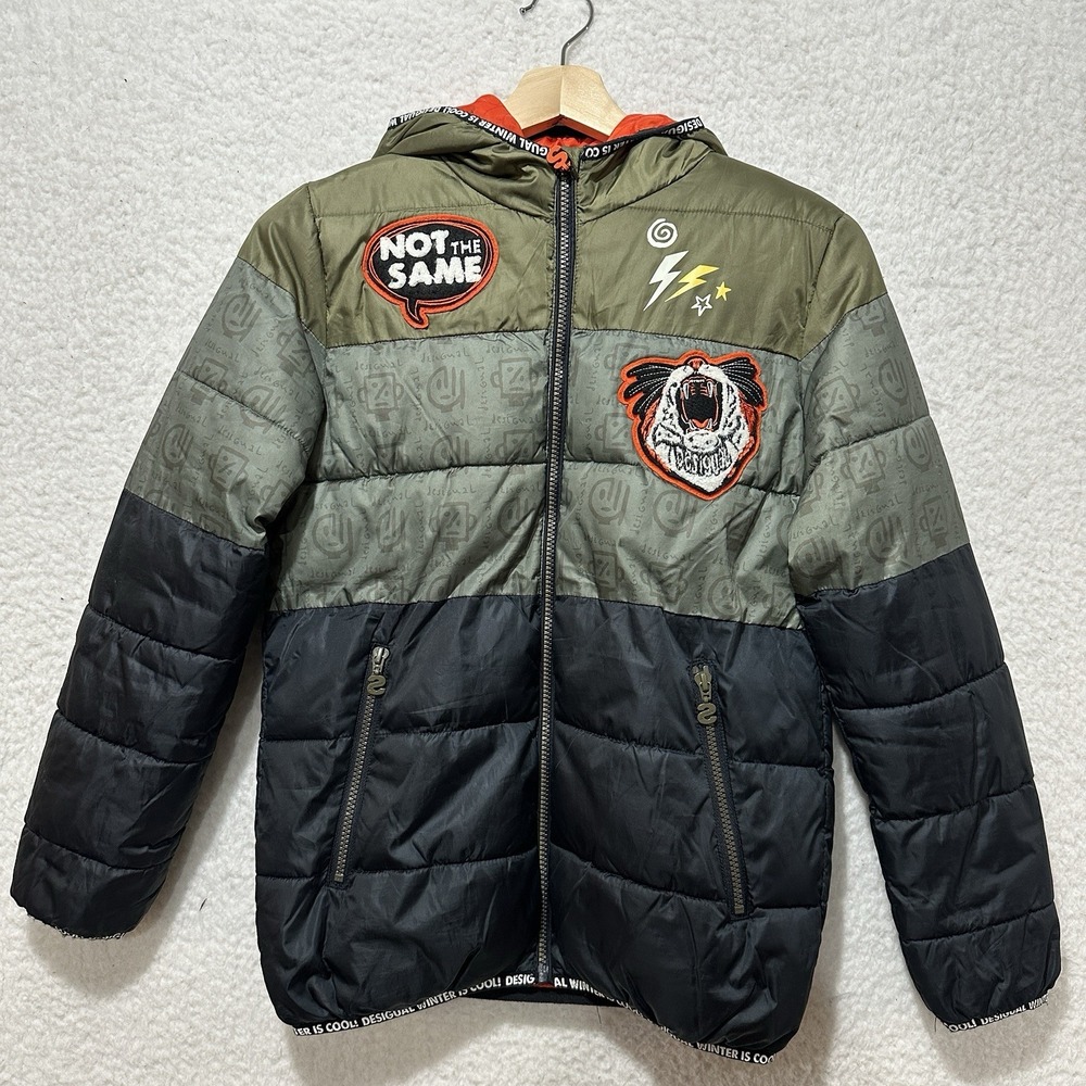 Desigual Boys Multicolor Full Zip Patch Winter Puffer Hoodie Jacket Size 11/12